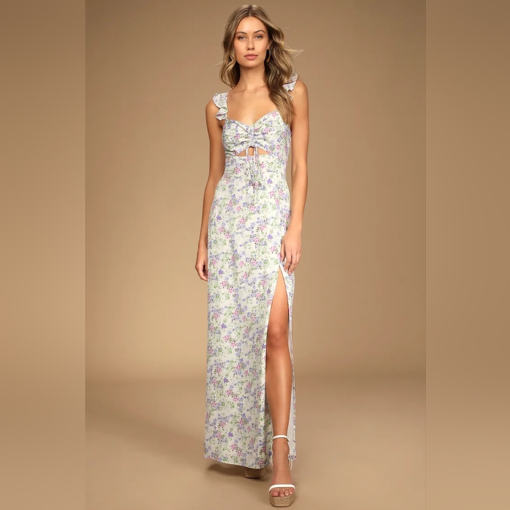 Ivory Floral Print Ruffled Dress